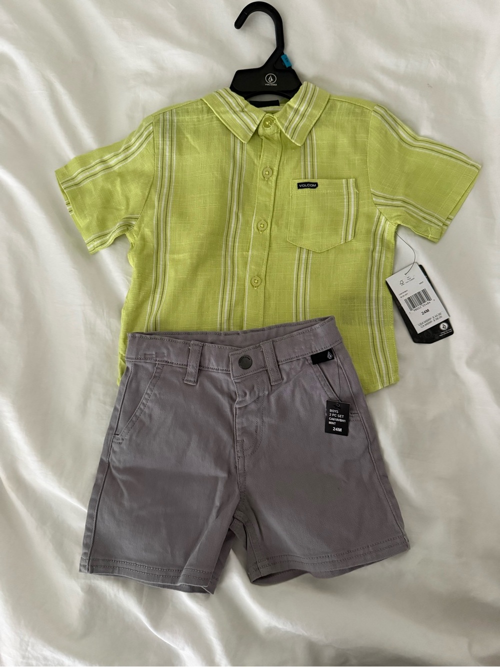 Volcom Lime Green Striped Button-Front Shirt with Gray Shorts